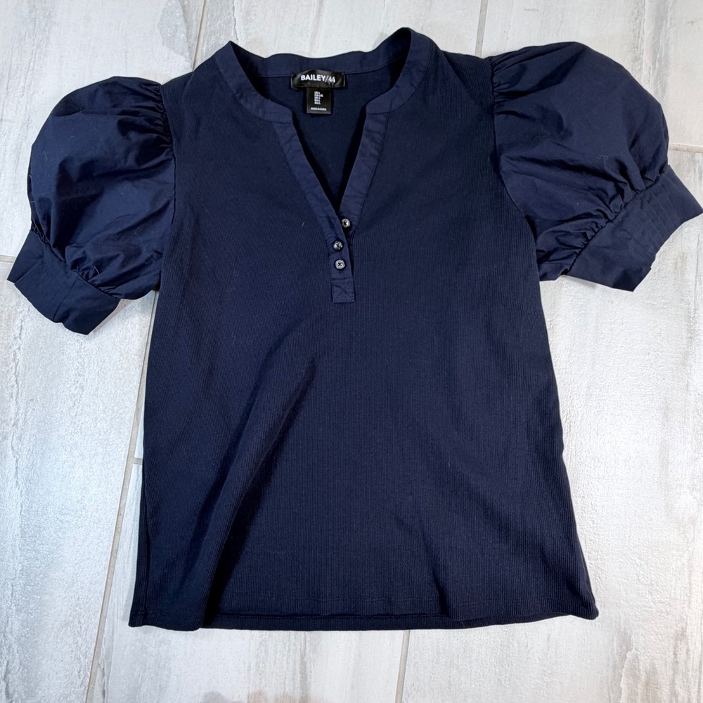 Bailey 44 Navy Blue Mixed Media Puff Sleeve Ribbed V-Neck Top Large